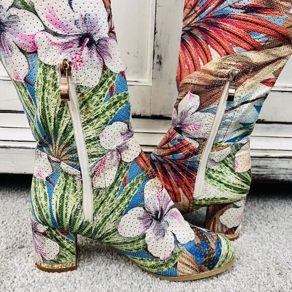Unique JB Easos Geal Beautiful Floral Pull on Knee High Heeled Boots ~ Size 5.5 - Picture 5 of 10